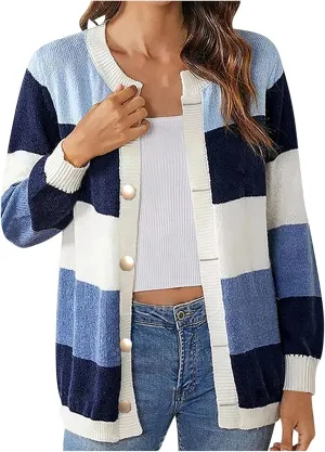 Women's 2024 Long Sleeve Cardigan Cable Knit Sweater Button Down Open Front Color Block Outwear Coat with Pockets