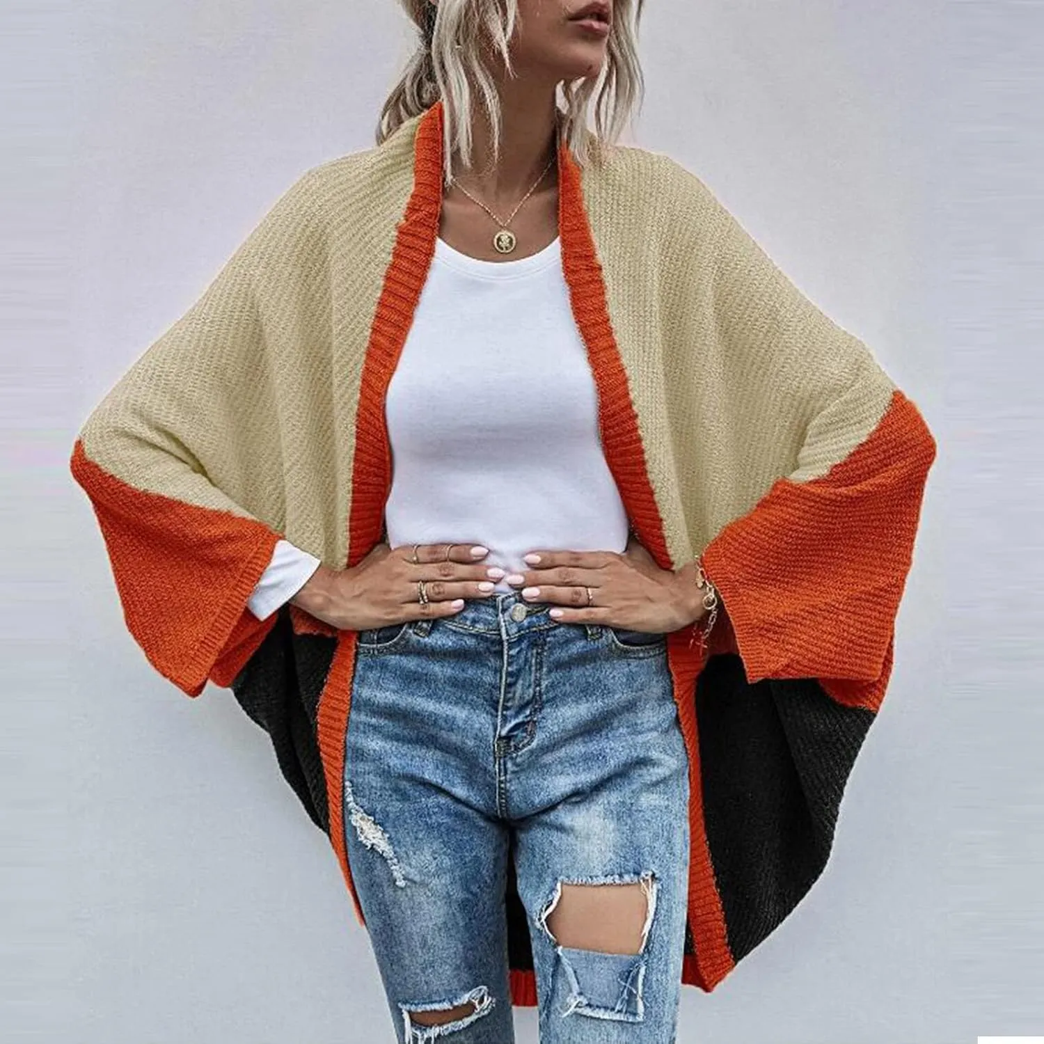 Womens Batwing Sleeve Poncho Sweater Open Front Color Block Knitted Cardigan Shawls Wraps Capes Gifts for Women Mom