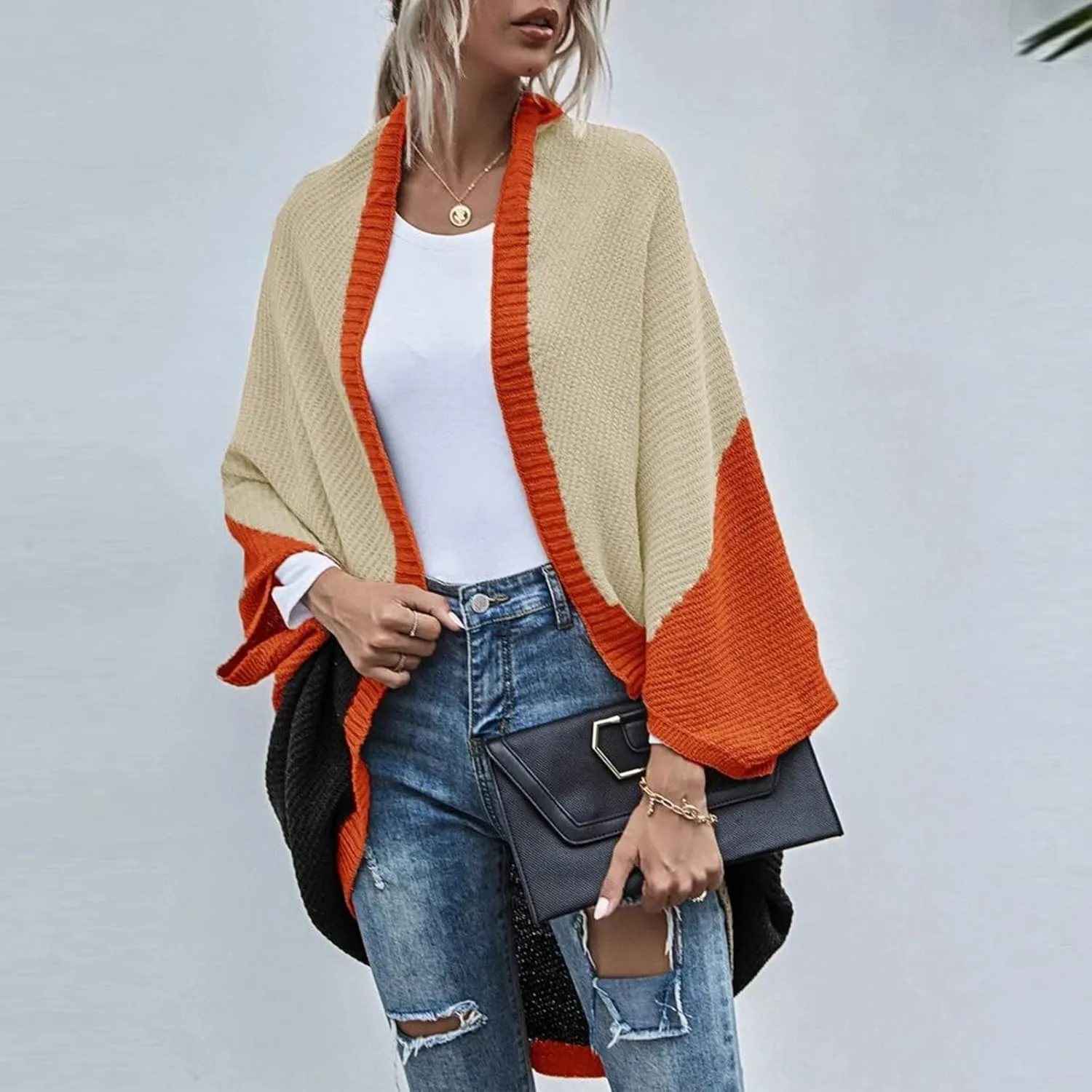 Womens Batwing Sleeve Poncho Sweater Open Front Color Block Knitted Cardigan Shawls Wraps Capes Gifts for Women Mom