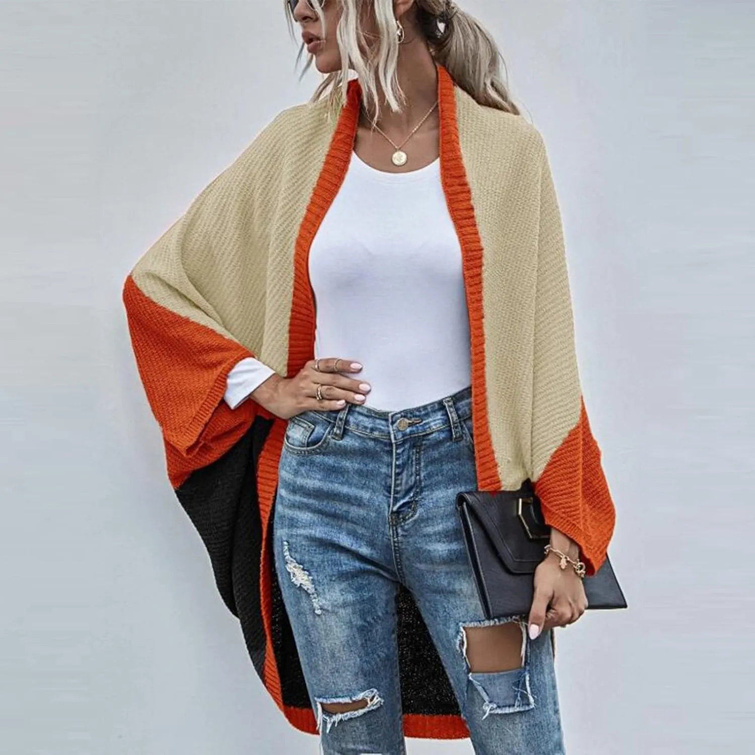 Womens Batwing Sleeve Poncho Sweater Open Front Color Block Knitted Cardigan Shawls Wraps Capes Gifts for Women Mom