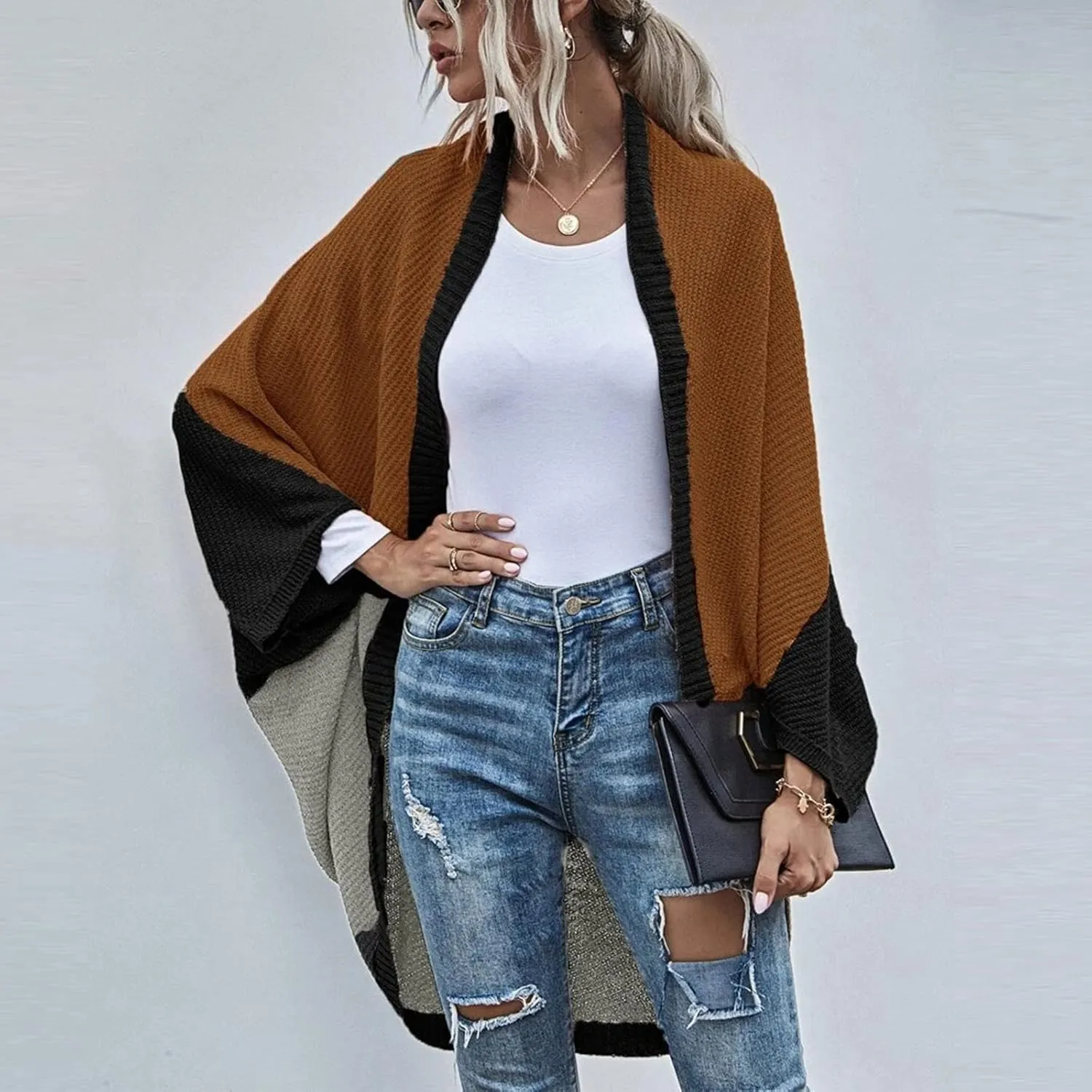 Womens Batwing Sleeve Poncho Sweater Open Front Color Block Knitted Cardigan Shawls Wraps Capes Gifts for Women Mom