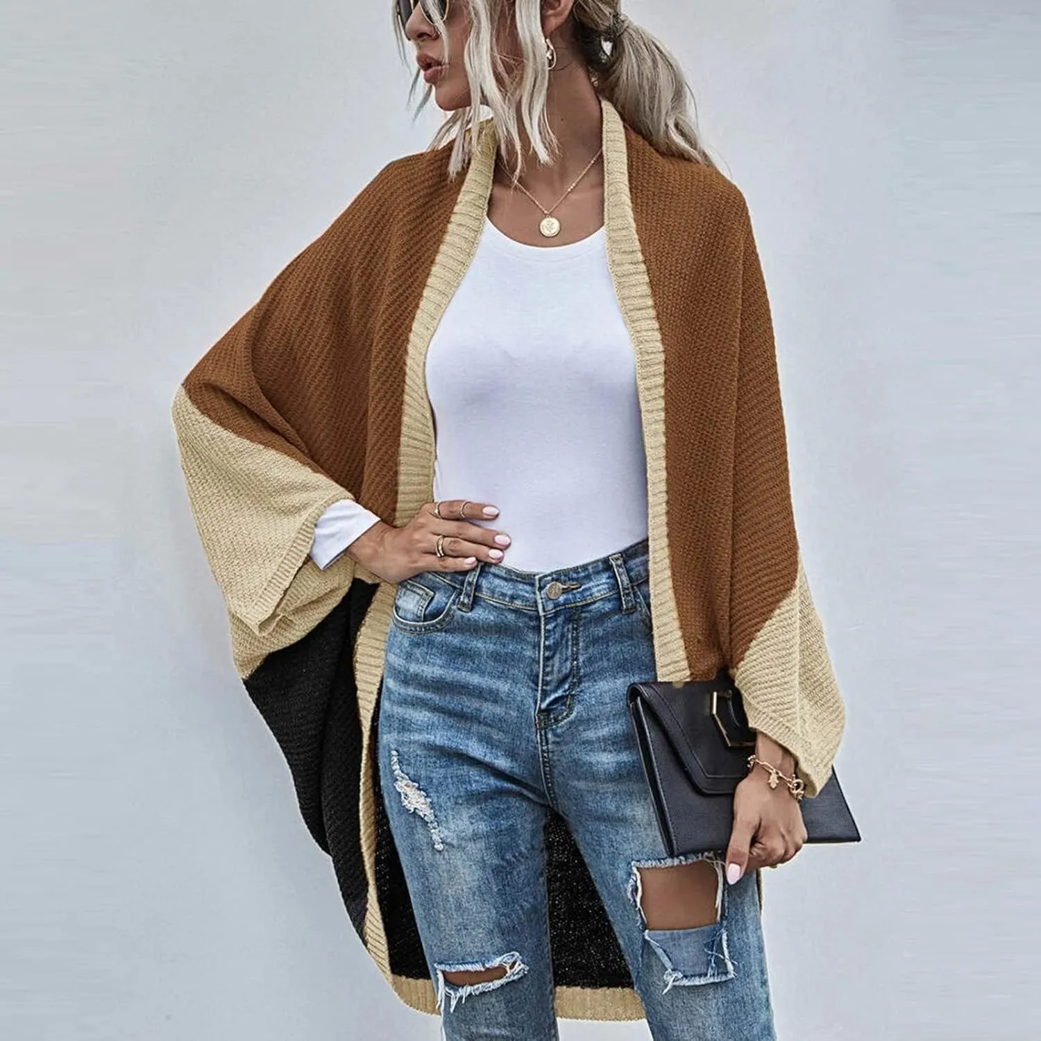 Womens Batwing Sleeve Poncho Sweater Open Front Color Block Knitted Cardigan Shawls Wraps Capes Gifts for Women Mom