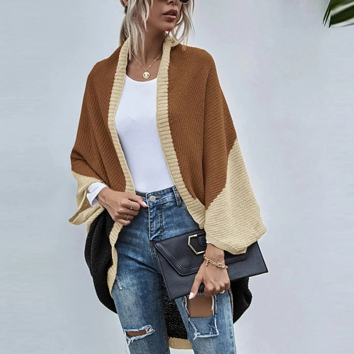 Womens Batwing Sleeve Poncho Sweater Open Front Color Block Knitted Cardigan Shawls Wraps Capes Gifts for Women Mom