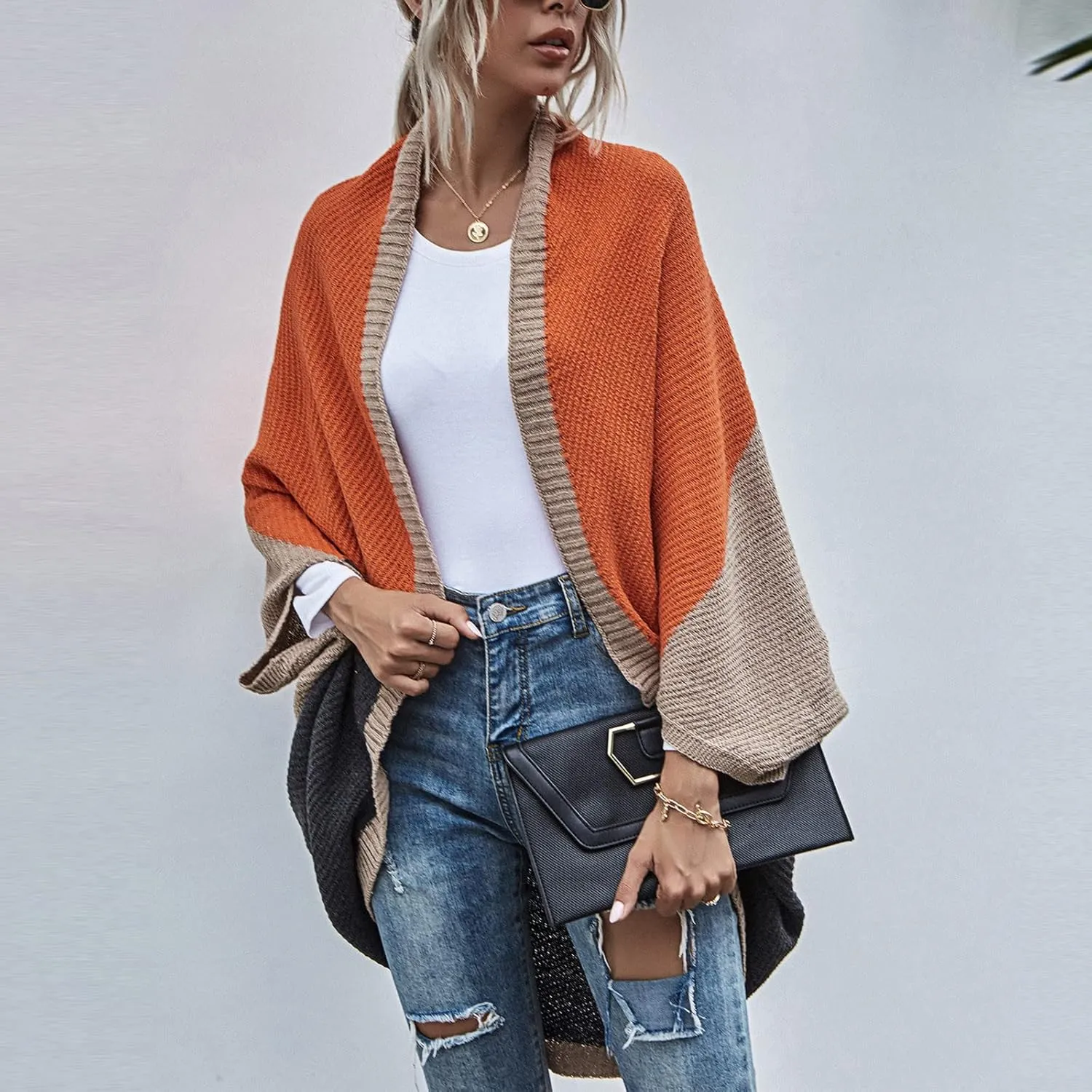 Womens Batwing Sleeve Poncho Sweater Open Front Color Block Knitted Cardigan Shawls Wraps Capes Gifts for Women Mom