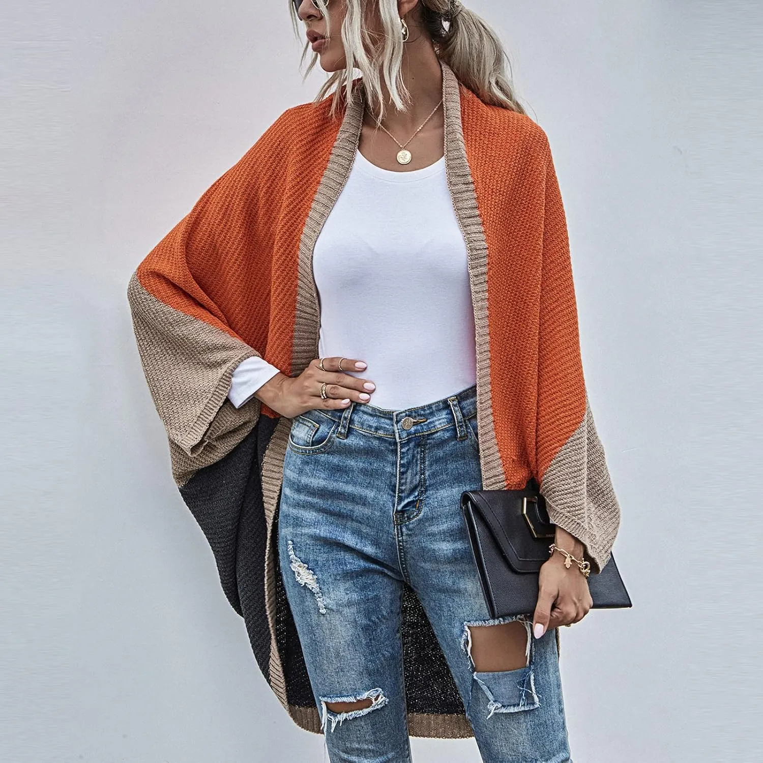 Womens Batwing Sleeve Poncho Sweater Open Front Color Block Knitted Cardigan Shawls Wraps Capes Gifts for Women Mom