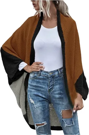 Womens Batwing Sleeve Poncho Sweater Open Front Color Block Knitted Cardigan Shawls Wraps Capes Gifts for Women Mom