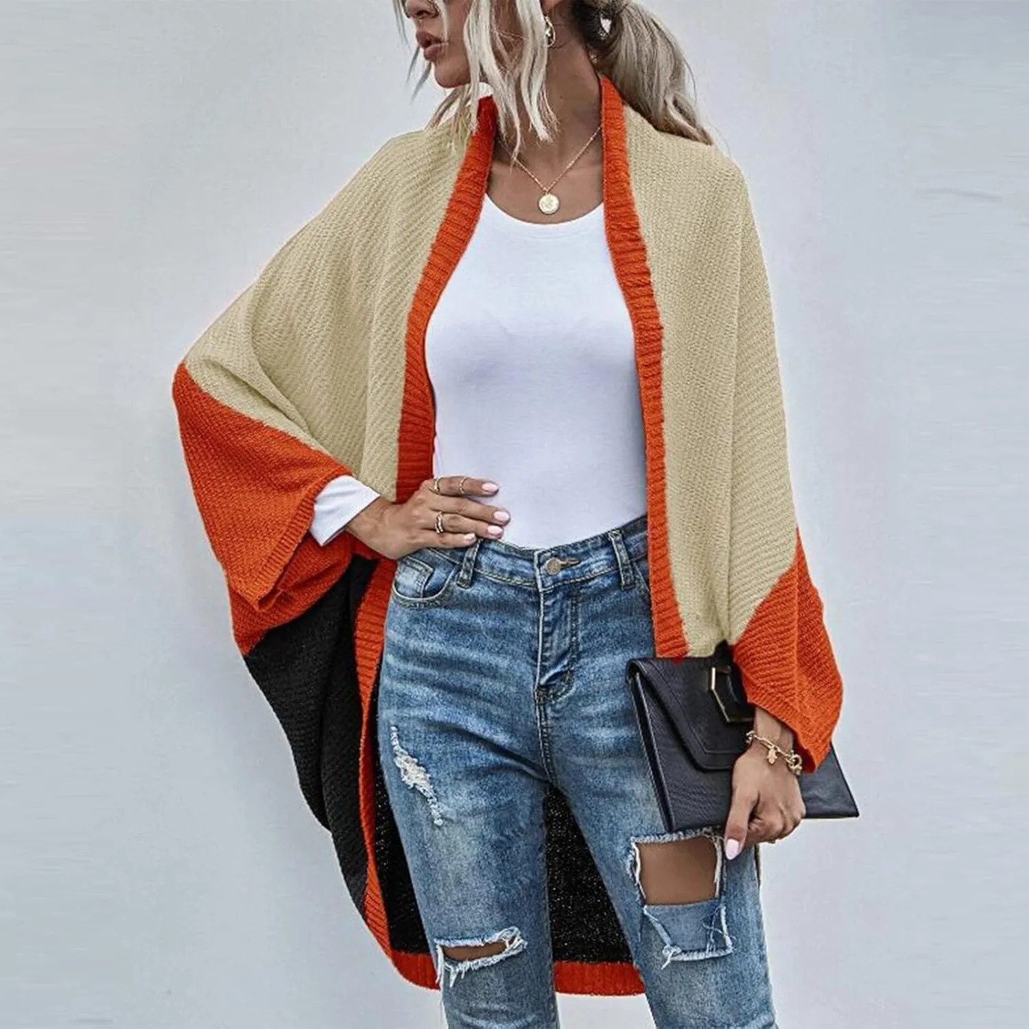 Womens Batwing Sleeve Poncho Sweater Open Front Color Block Knitted Cardigan Shawls Wraps Capes Gifts for Women Mom