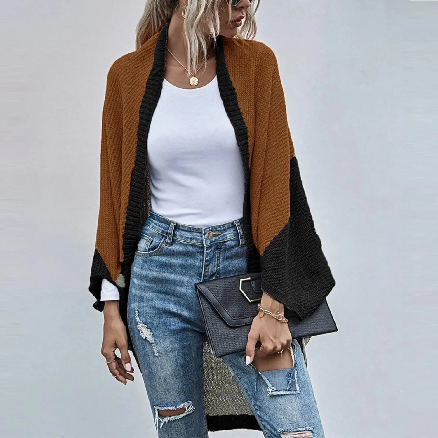 Womens Batwing Sleeve Poncho Sweater Open Front Color Block Knitted Cardigan Shawls Wraps Capes Gifts for Women Mom