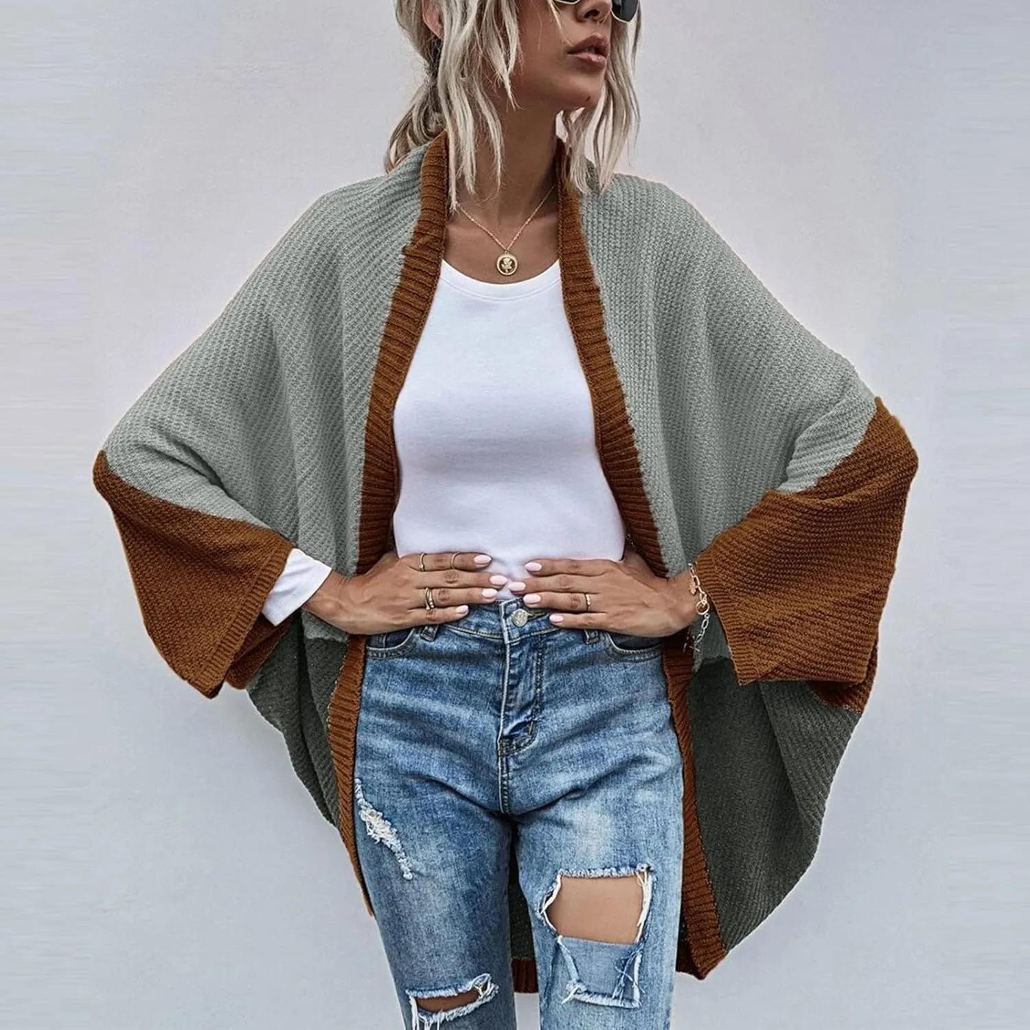 Womens Batwing Sleeve Poncho Sweater Open Front Color Block Knitted Cardigan Shawls Wraps Capes Gifts for Women Mom