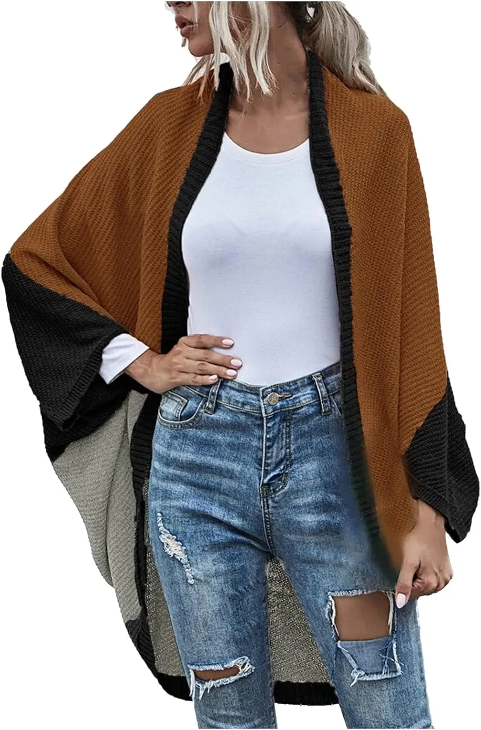 Womens Batwing Sleeve Poncho Sweater Open Front Color Block Knitted Cardigan Shawls Wraps Capes Gifts for Women Mom