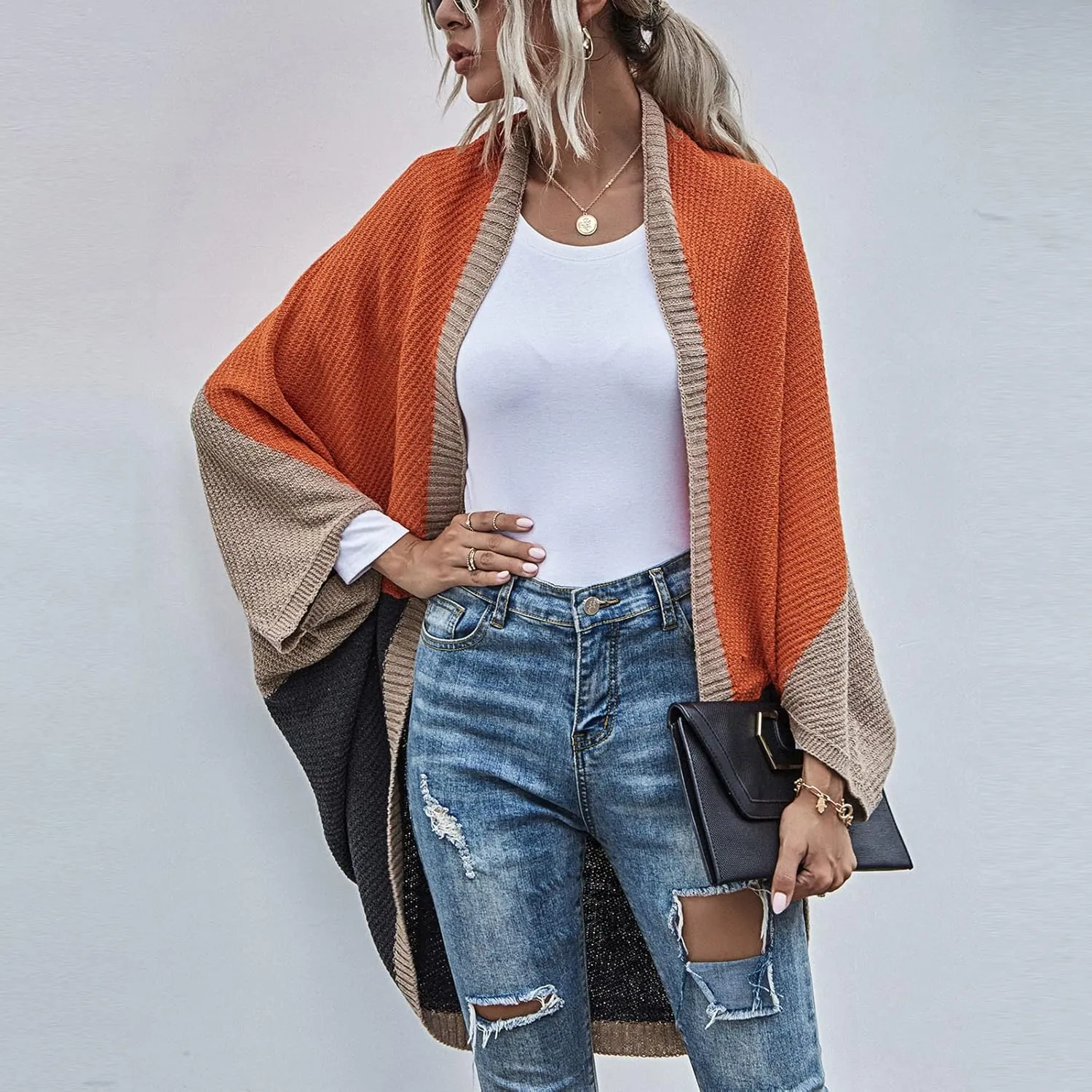 Womens Batwing Sleeve Poncho Sweater Open Front Color Block Knitted Cardigan Shawls Wraps Capes Gifts for Women Mom