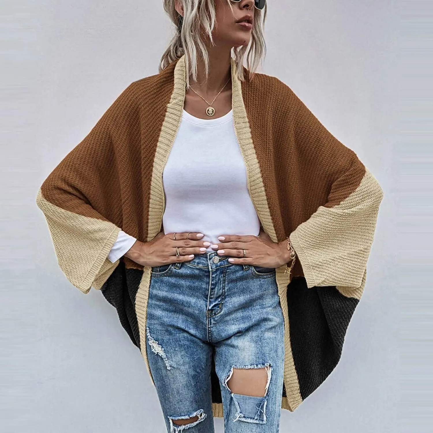 Womens Batwing Sleeve Poncho Sweater Open Front Color Block Knitted Cardigan Shawls Wraps Capes Gifts for Women Mom