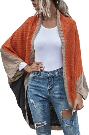 Womens Batwing Sleeve Poncho Sweater Open Front Color Block Knitted Cardigan Shawls Wraps Capes Gifts for Women Mom