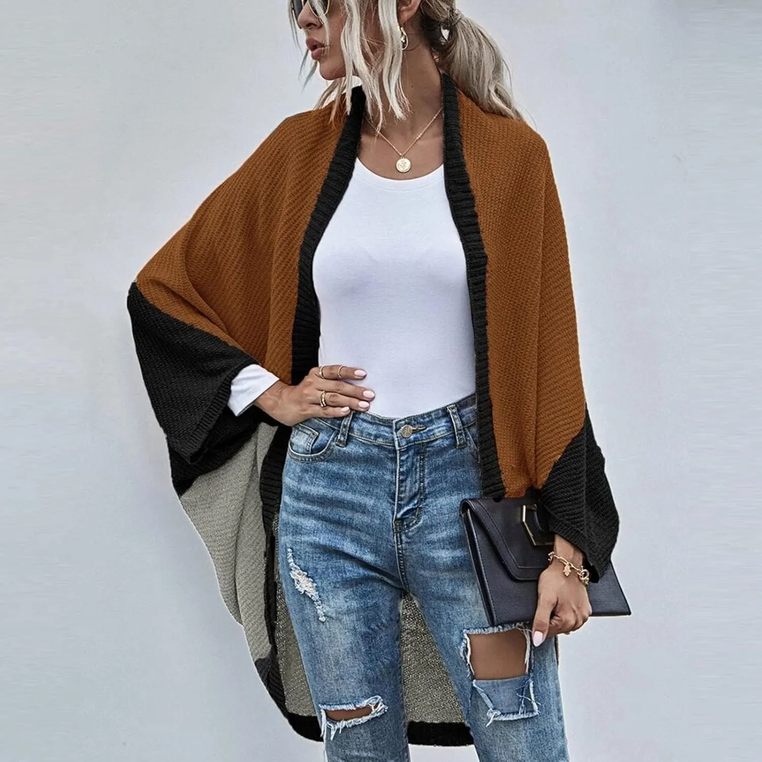 Womens Batwing Sleeve Poncho Sweater Open Front Color Block Knitted Cardigan Shawls Wraps Capes Gifts for Women Mom