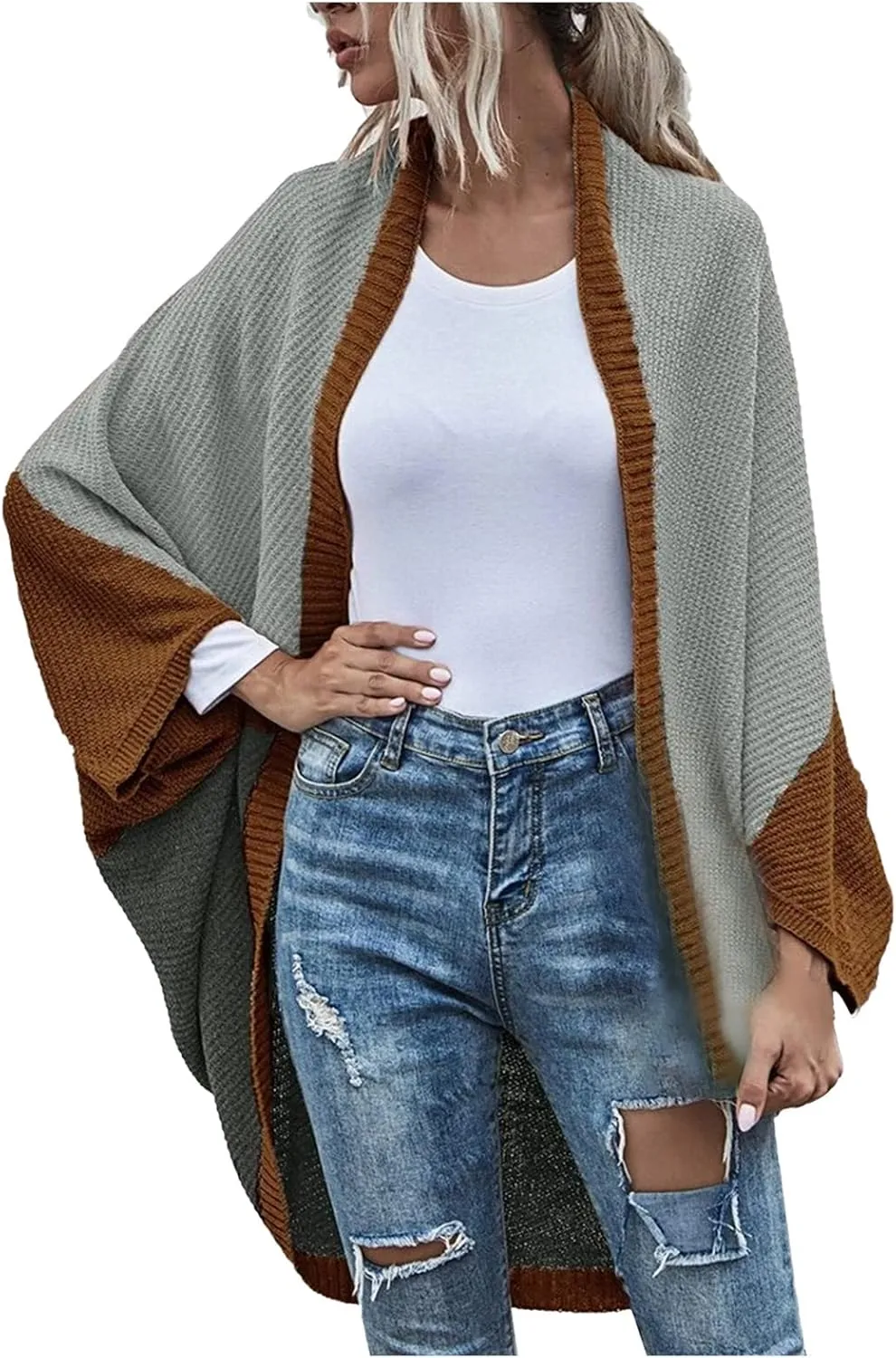 Womens Batwing Sleeve Poncho Sweater Open Front Color Block Knitted Cardigan Shawls Wraps Capes Gifts for Women Mom