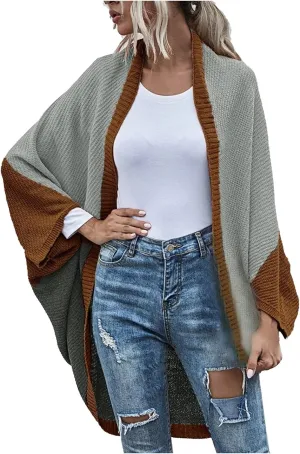 Womens Batwing Sleeve Poncho Sweater Open Front Color Block Knitted Cardigan Shawls Wraps Capes Gifts for Women Mom