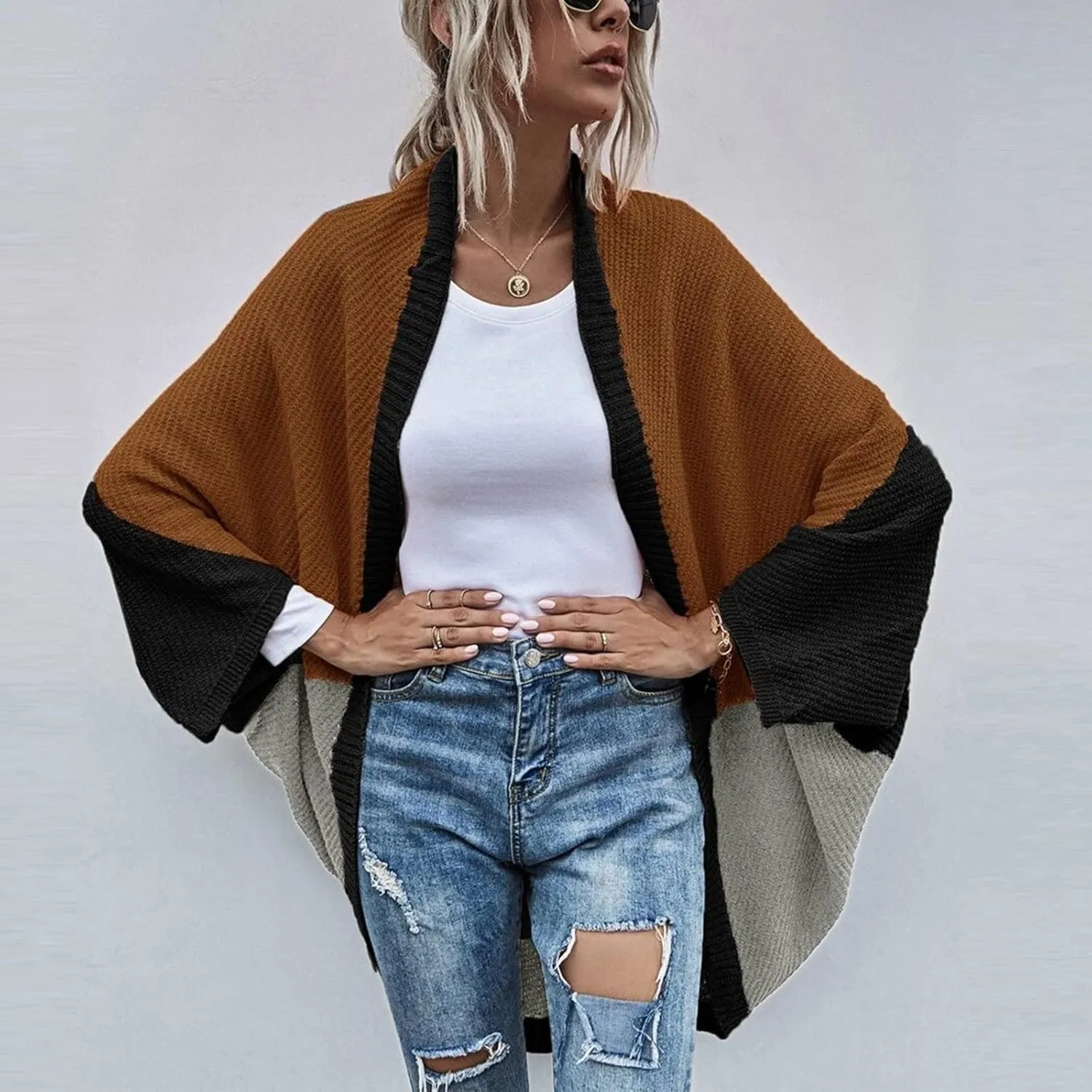 Womens Batwing Sleeve Poncho Sweater Open Front Color Block Knitted Cardigan Shawls Wraps Capes Gifts for Women Mom