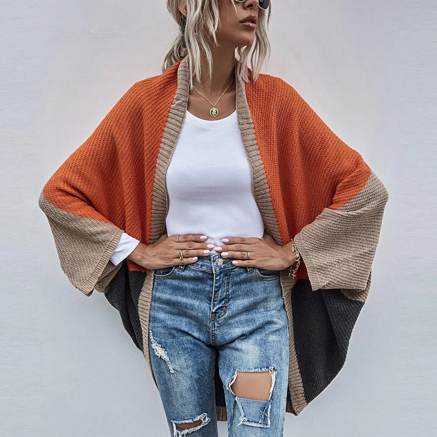 Womens Batwing Sleeve Poncho Sweater Open Front Color Block Knitted Cardigan Shawls Wraps Capes Gifts for Women Mom
