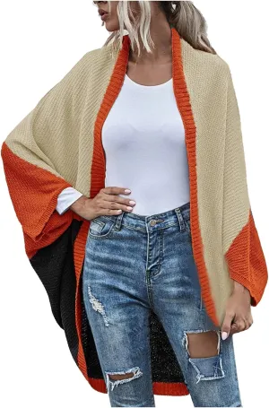 Womens Batwing Sleeve Poncho Sweater Open Front Color Block Knitted Cardigan Shawls Wraps Capes Gifts for Women Mom