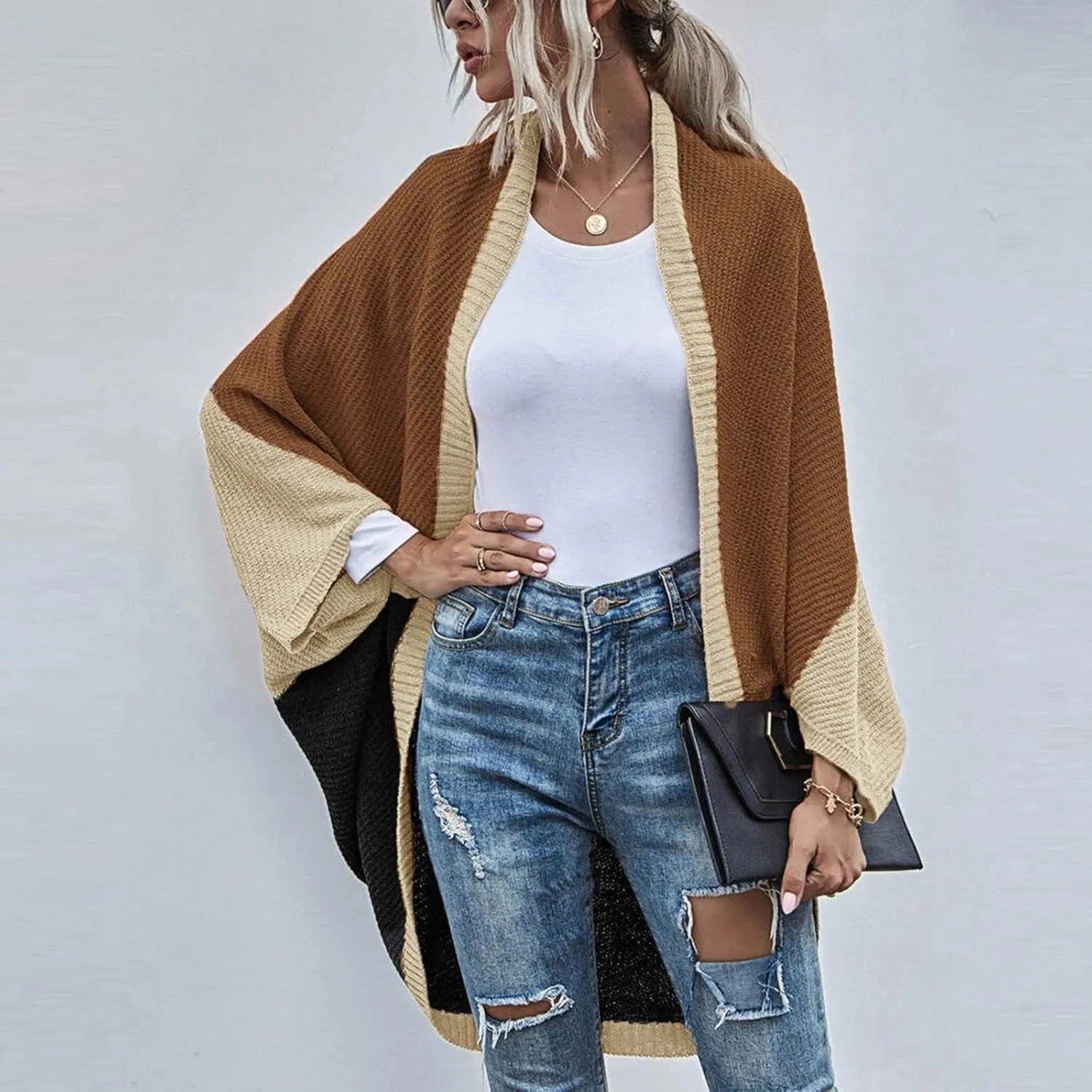 Womens Batwing Sleeve Poncho Sweater Open Front Color Block Knitted Cardigan Shawls Wraps Capes Gifts for Women Mom