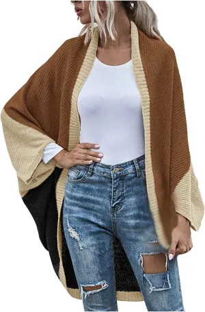 Womens Batwing Sleeve Poncho Sweater Open Front Color Block Knitted Cardigan Shawls Wraps Capes Gifts for Women Mom