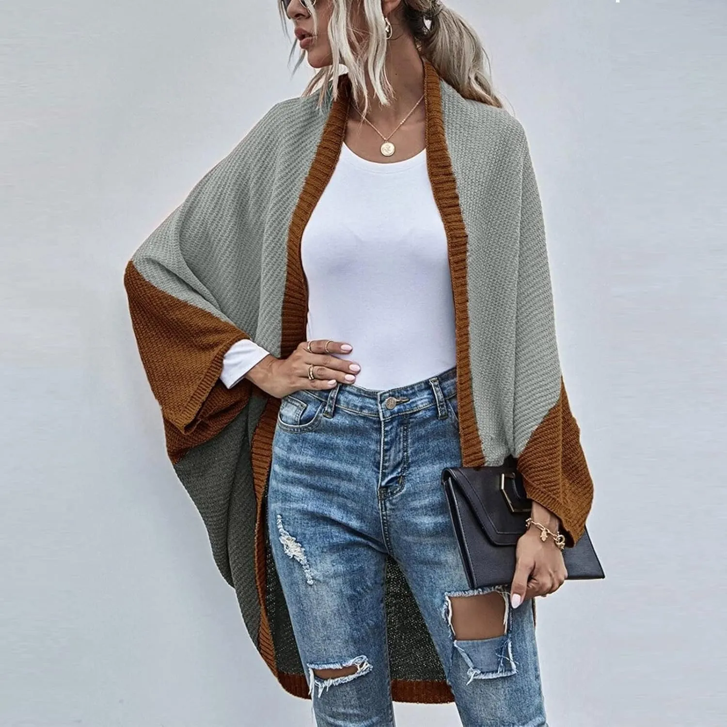 Womens Batwing Sleeve Poncho Sweater Open Front Color Block Knitted Cardigan Shawls Wraps Capes Gifts for Women Mom