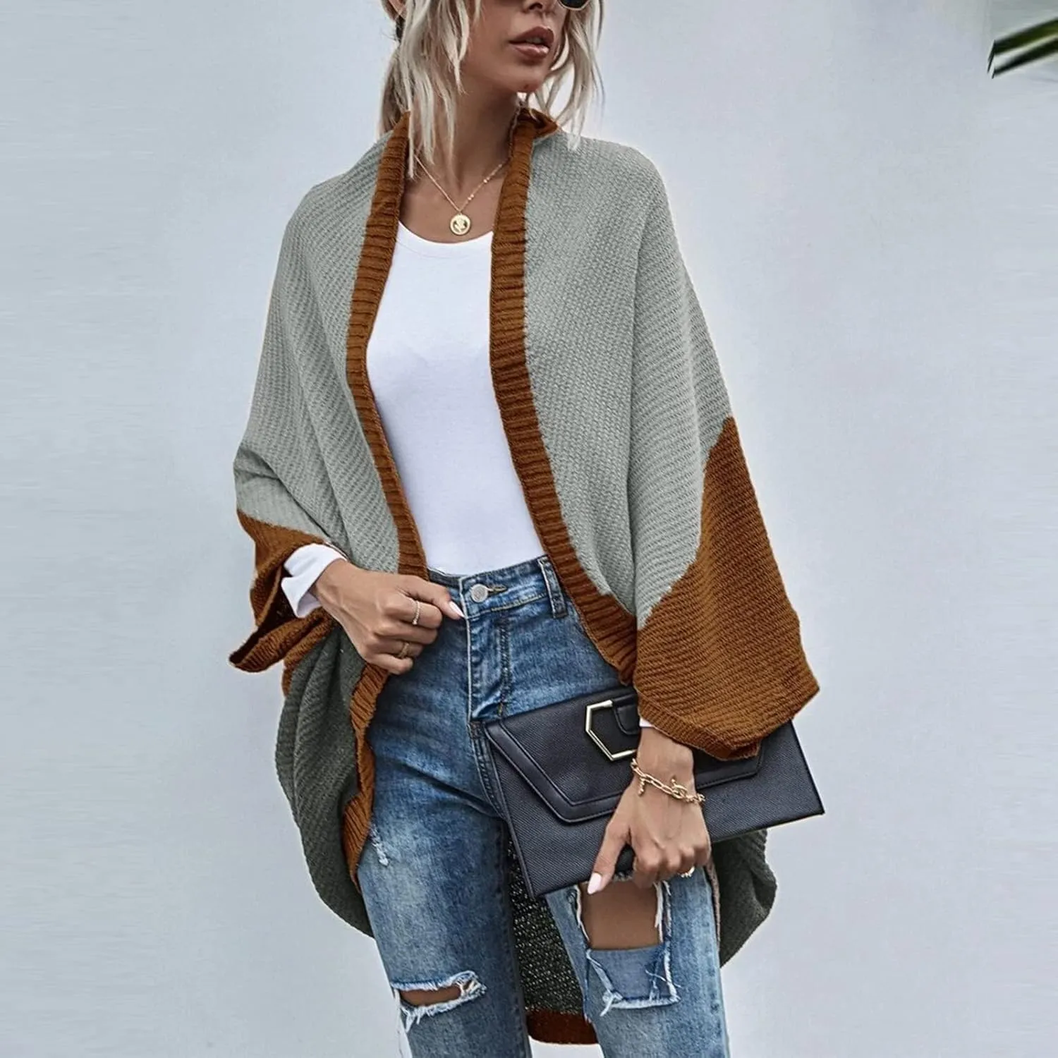 Womens Batwing Sleeve Poncho Sweater Open Front Color Block Knitted Cardigan Shawls Wraps Capes Gifts for Women Mom