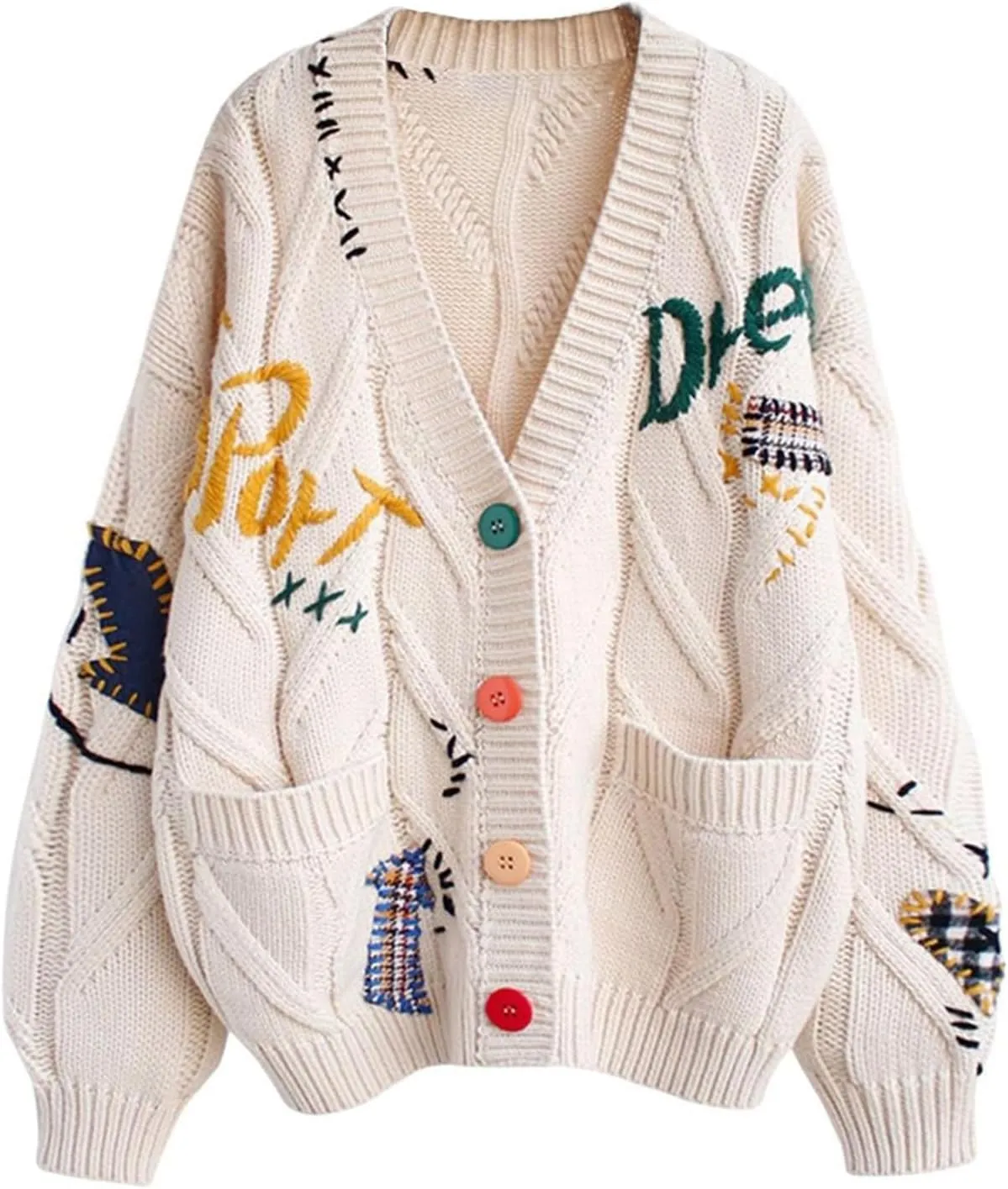 Women's Cable Knit Open Front Cardigan Lightweight Embroidery Button Down Sweater Jacket Casual Wool Blend Coat