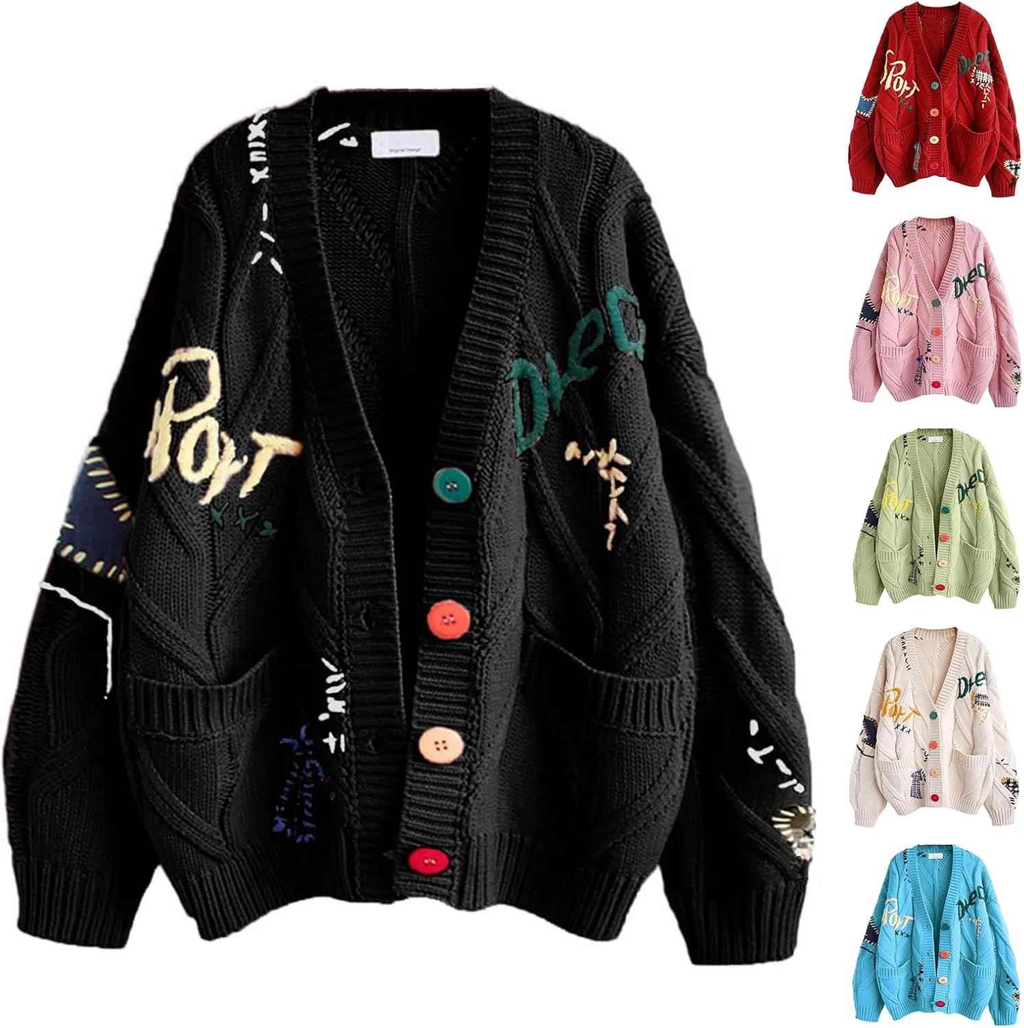 Women's Cable Knit Open Front Cardigan Lightweight Embroidery Button Down Sweater Jacket Casual Wool Blend Coat