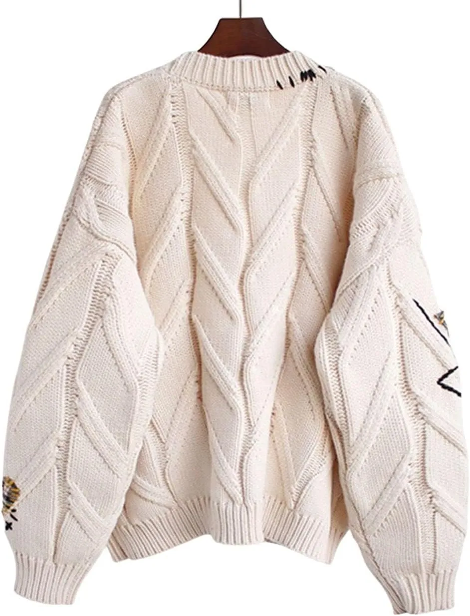 Women's Cable Knit Open Front Cardigan Lightweight Embroidery Button Down Sweater Jacket Casual Wool Blend Coat
