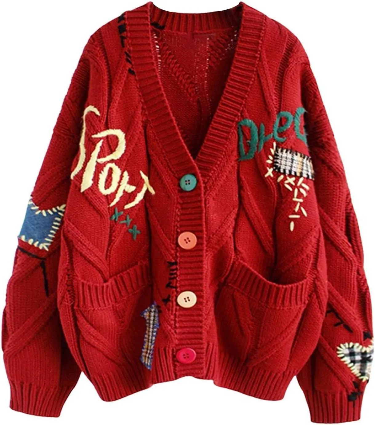 Women's Cable Knit Open Front Cardigan Lightweight Embroidery Button Down Sweater Jacket Casual Wool Blend Coat