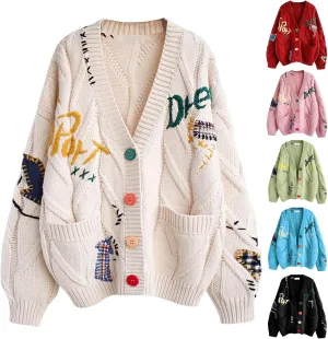 Women's Cable Knit Open Front Cardigan Lightweight Embroidery Button Down Sweater Jacket Casual Wool Blend Coat