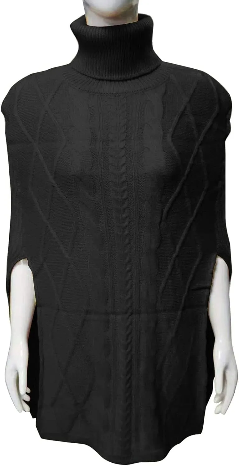 Women's Cable Knit Turtleneck Poncho Sweaters Elegant Chunky Loose Cape Wrap Pullovers Chic Jumper Tops