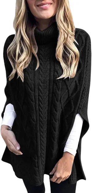 Women's Cable Knit Turtleneck Poncho Sweaters Elegant Chunky Loose Cape Wrap Pullovers Chic Jumper Tops