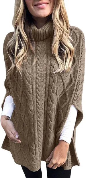 Women's Cable Knit Turtleneck Poncho Sweaters Elegant Chunky Loose Cape Wrap Pullovers Chic Jumper Tops