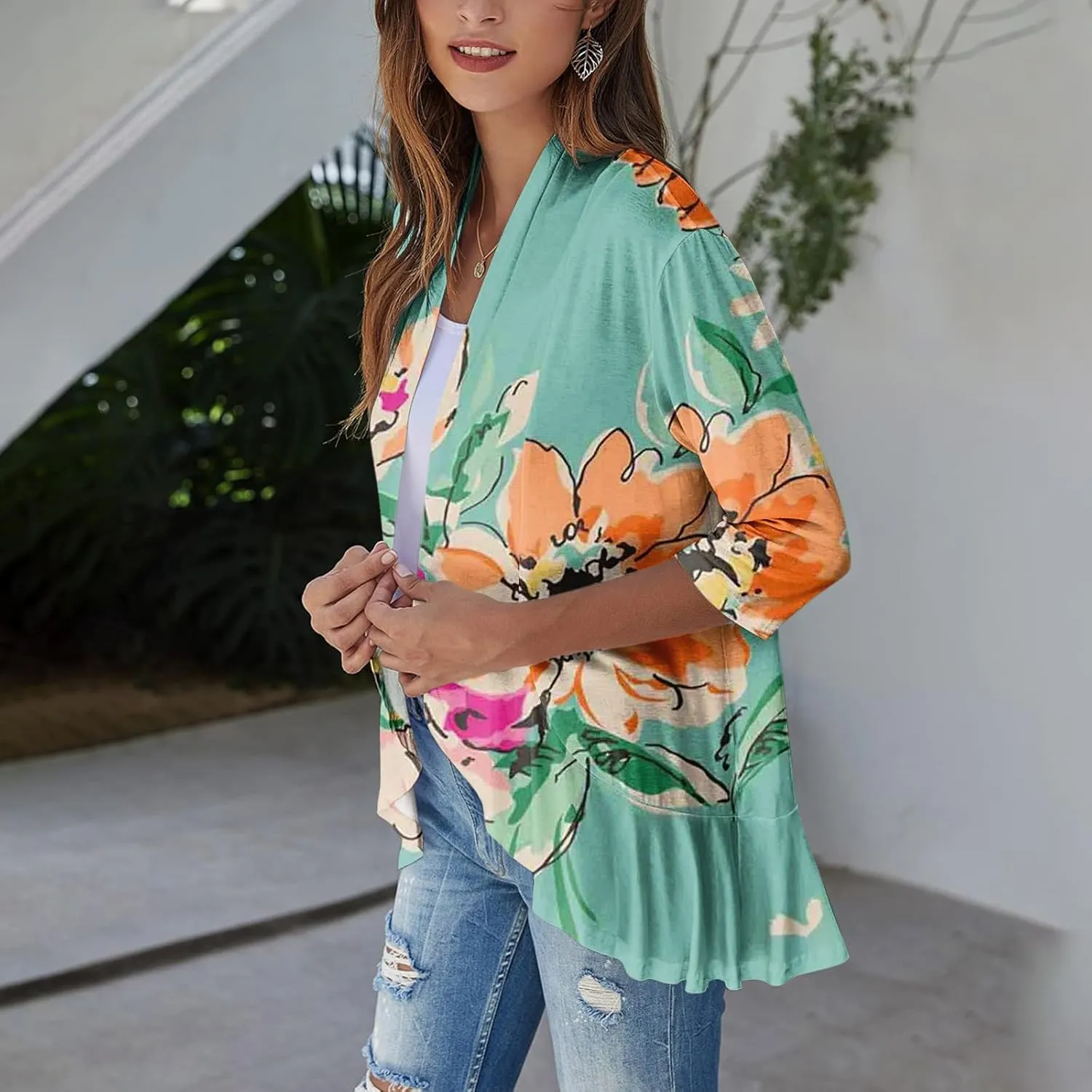 Women's Cardigans 2024 Fall Tie Dye Funny Tops Loose Fit Shawl Collar T Shirts 3/4 Sleeve Lightweight Blouse Coat
