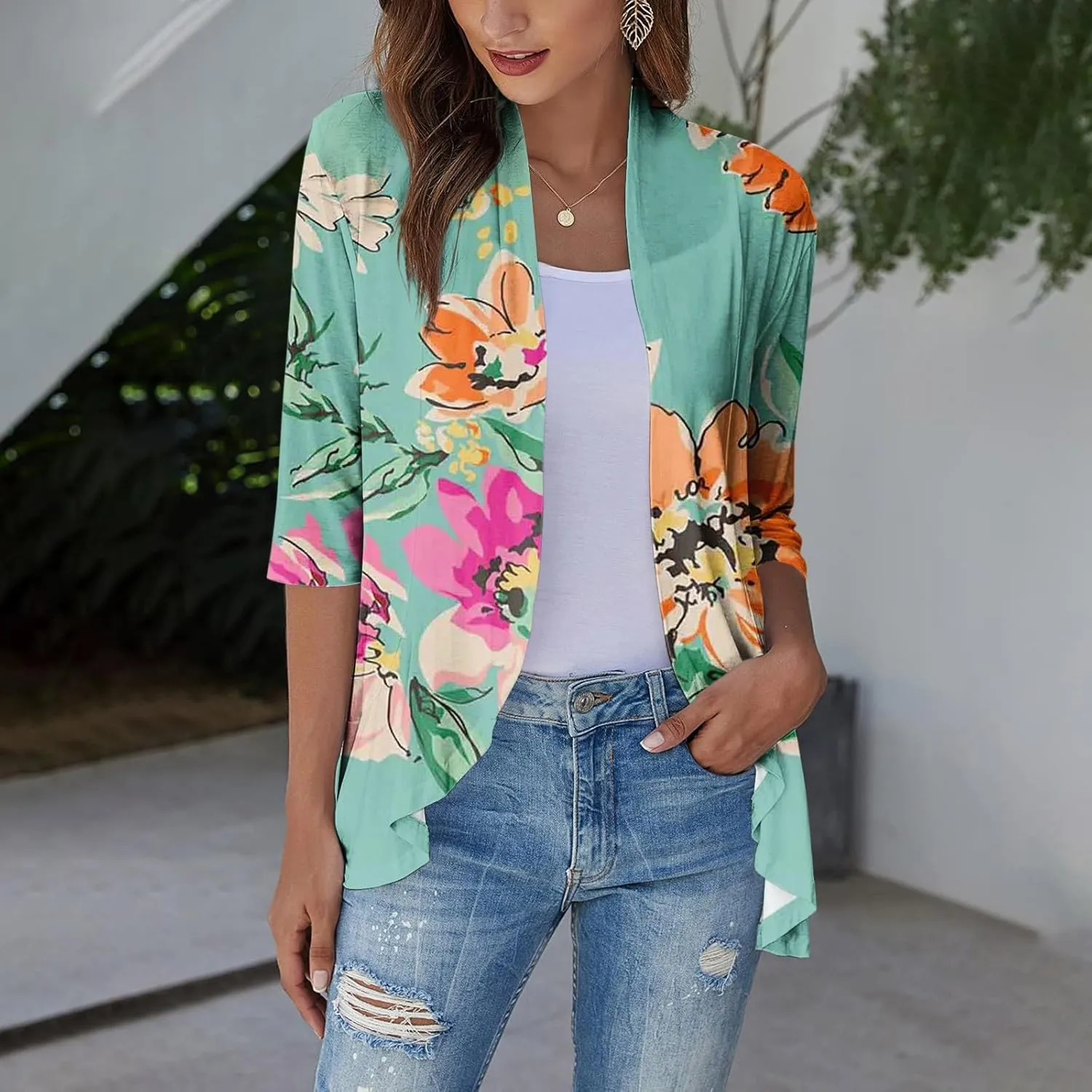 Women's Cardigans 2024 Fall Tie Dye Funny Tops Loose Fit Shawl Collar T Shirts 3/4 Sleeve Lightweight Blouse Coat