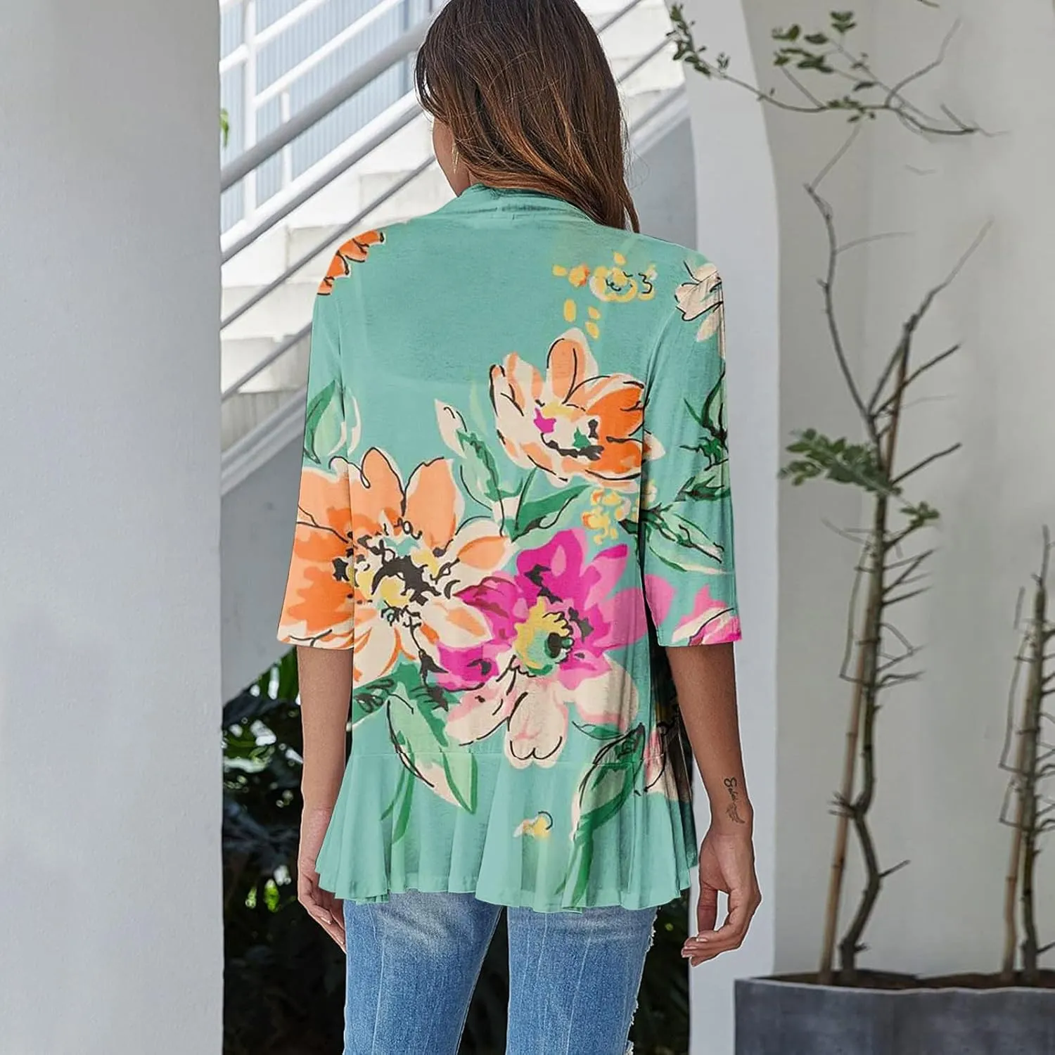 Women's Cardigans 2024 Fall Tie Dye Funny Tops Loose Fit Shawl Collar T Shirts 3/4 Sleeve Lightweight Blouse Coat