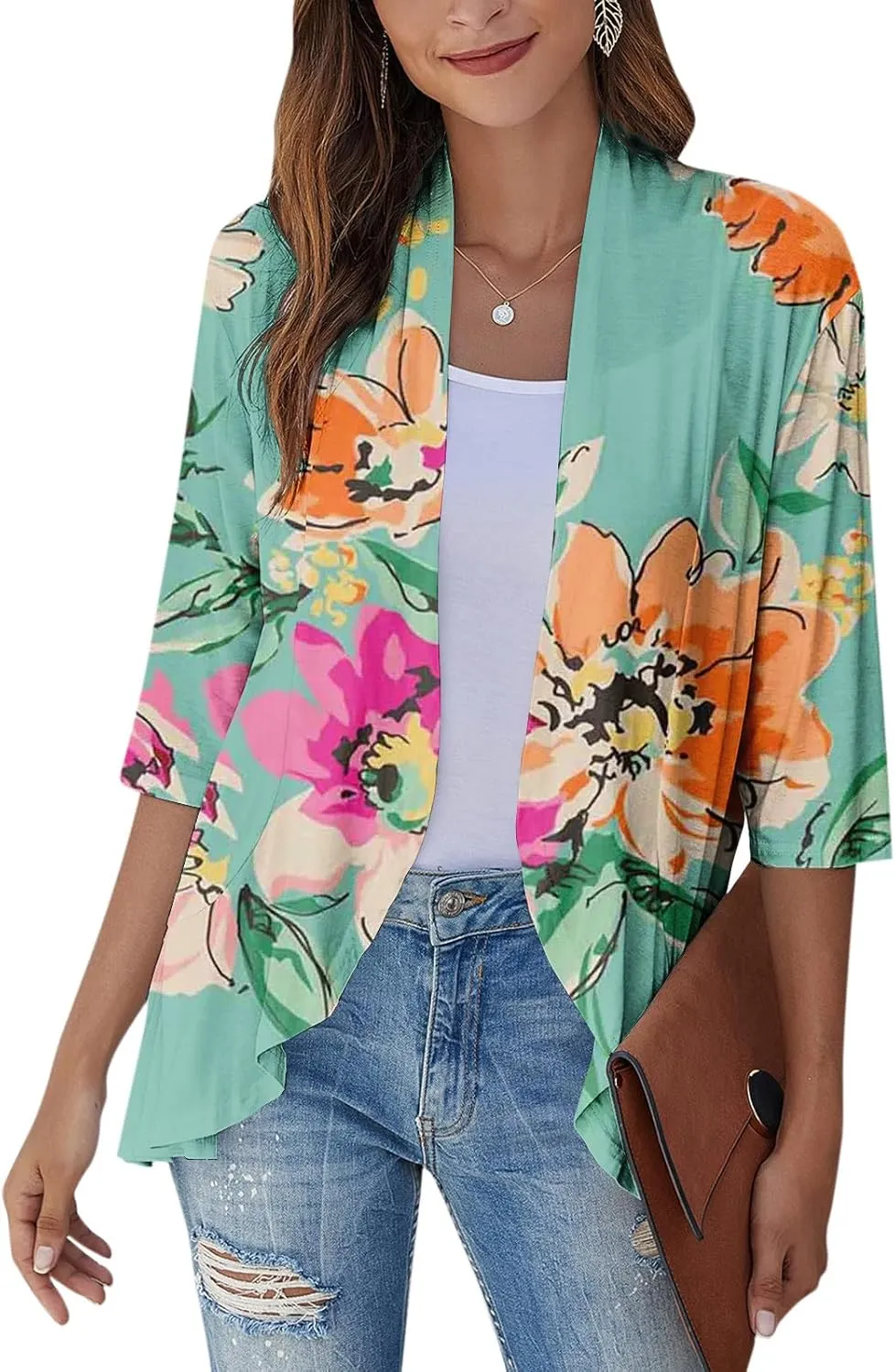 Women's Cardigans 2024 Fall Tie Dye Funny Tops Loose Fit Shawl Collar T Shirts 3/4 Sleeve Lightweight Blouse Coat