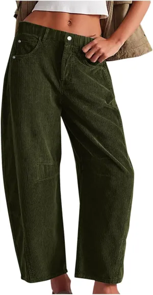 Womens Corduroy Straight Leg Pants Trendy Barrel Button Elastic Waist Trousers Lounge Mid Rise Bottoms with Pockets