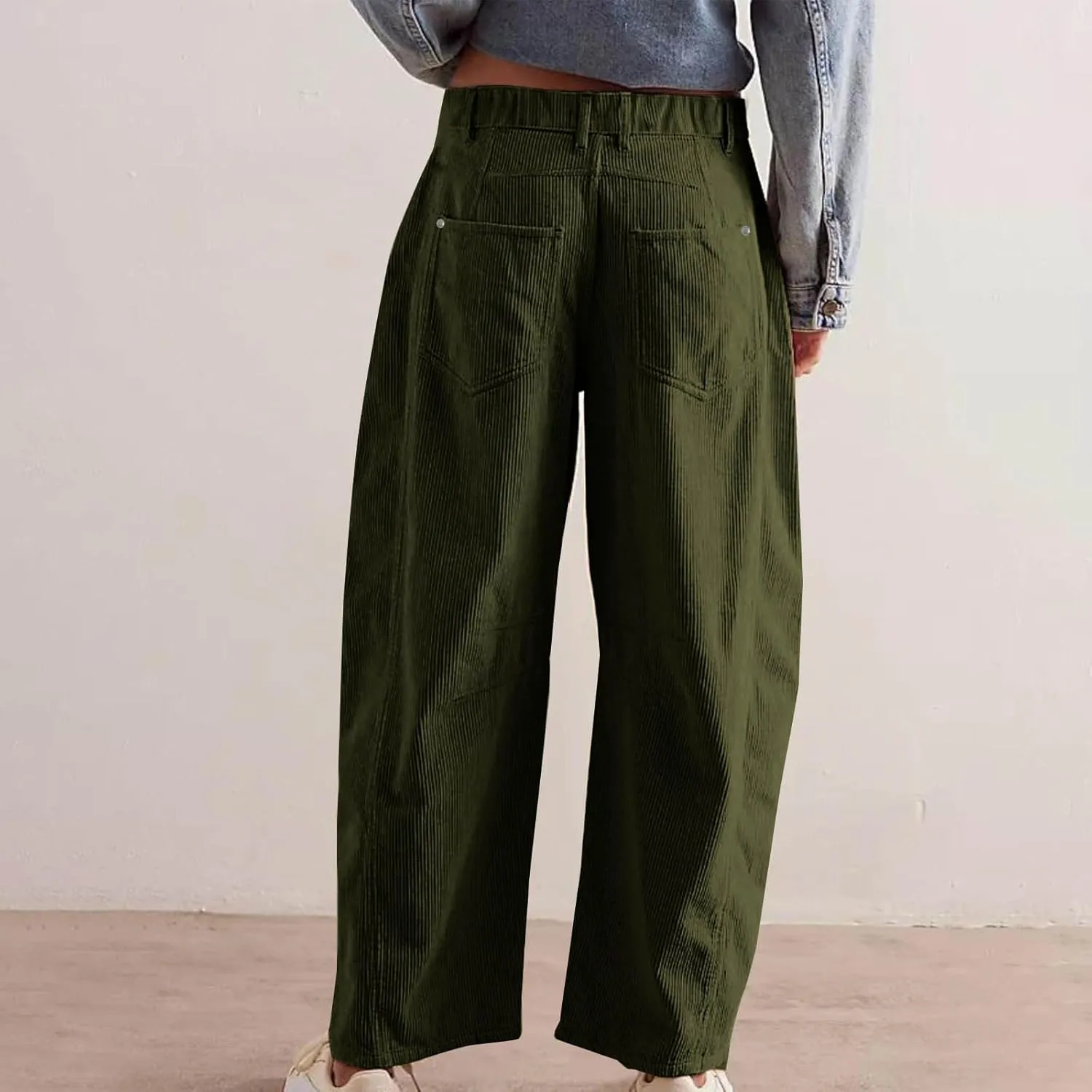 Womens Corduroy Straight Leg Pants Trendy Barrel Button Elastic Waist Trousers Lounge Mid Rise Bottoms with Pockets