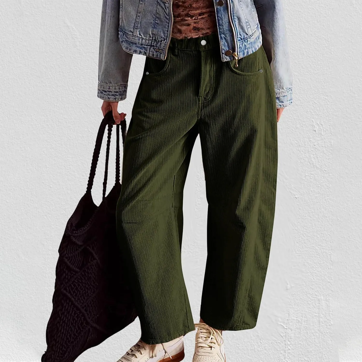 Womens Corduroy Straight Leg Pants Trendy Barrel Button Elastic Waist Trousers Lounge Mid Rise Bottoms with Pockets