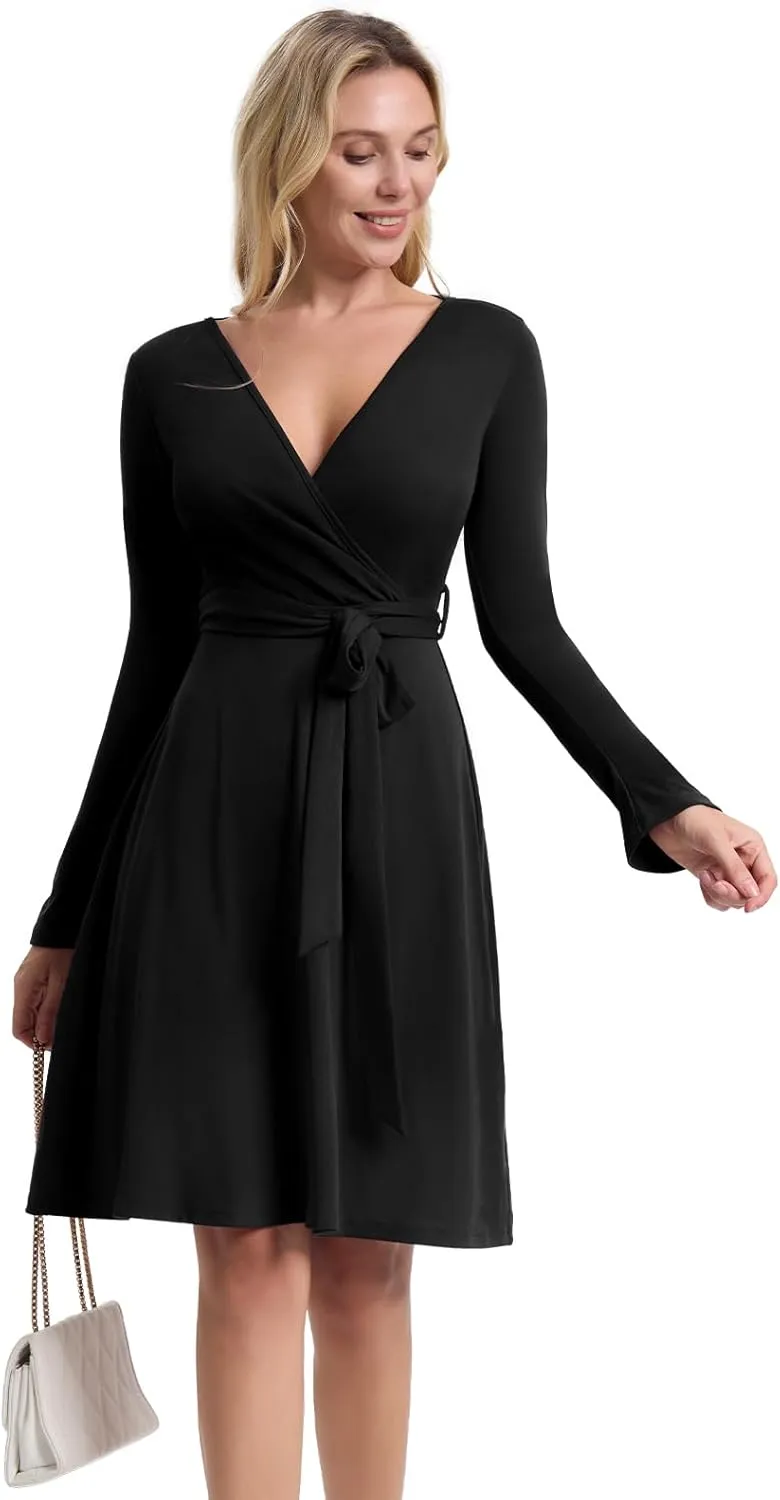 Women's Fall Long Sleeve Dress: Wrap V Neck Midi Dresses - Casual Party Rib Dresses with Belt