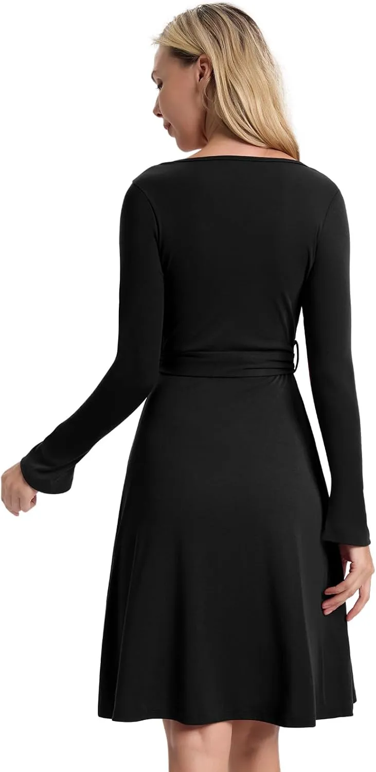 Women's Fall Long Sleeve Dress: Wrap V Neck Midi Dresses - Casual Party Rib Dresses with Belt