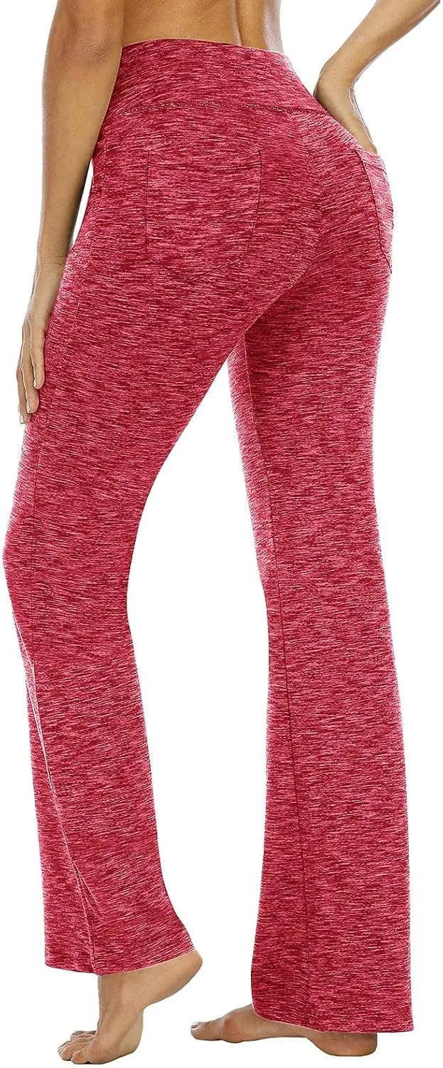 Women's Flare Yoga Pants with Pockets Long Waist Bottom High Palazzo Yoga Pants Tummy Control Workout Running