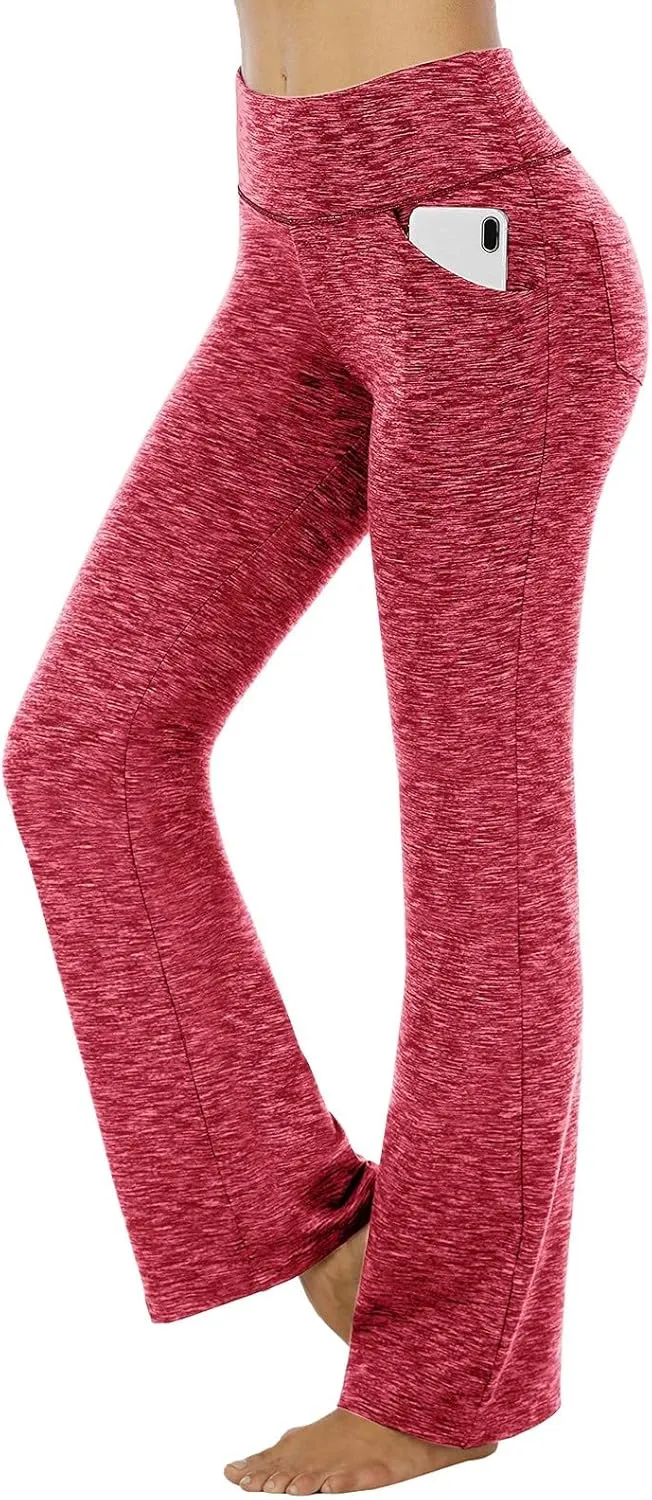 Women's Flare Yoga Pants with Pockets Long Waist Bottom High Palazzo Yoga Pants Tummy Control Workout Running