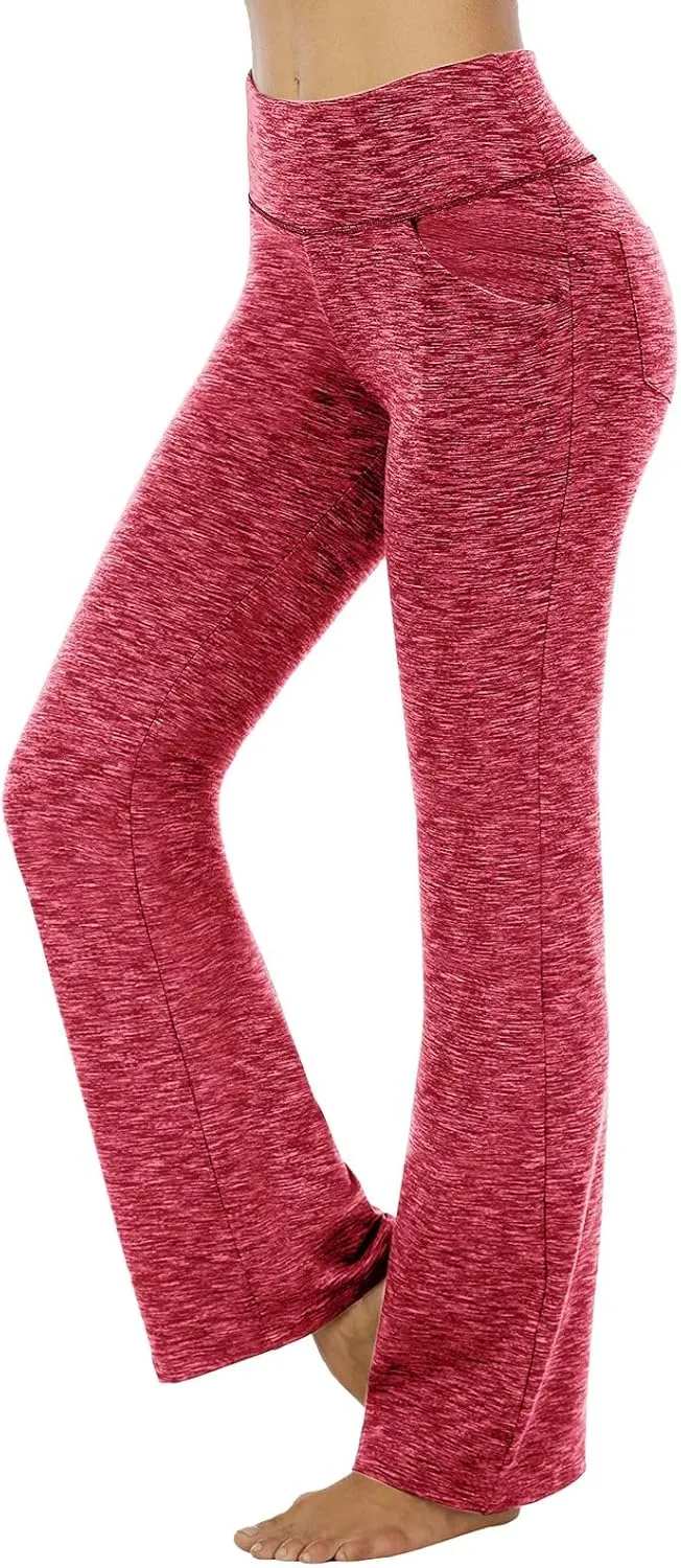 Women's Flare Yoga Pants with Pockets Long Waist Bottom High Palazzo Yoga Pants Tummy Control Workout Running