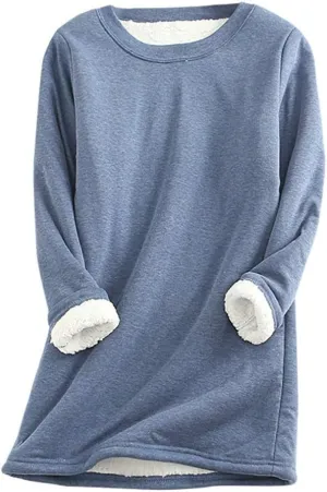 Womens Fleece Crewneck Sweatshirts Thermal Fleece Tops Round Neck Long Sleeve Pullover