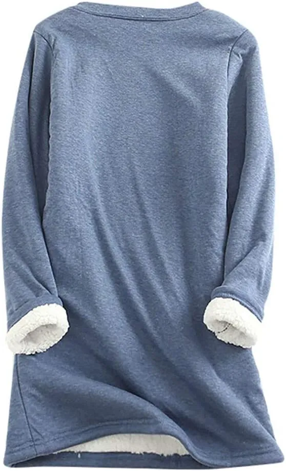 Womens Fleece Crewneck Sweatshirts Thermal Fleece Tops Round Neck Long Sleeve Pullover