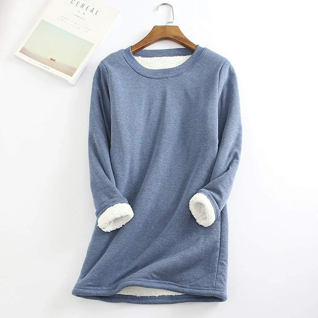 Womens Fleece Crewneck Sweatshirts Thermal Fleece Tops Round Neck Long Sleeve Pullover